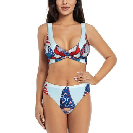 Zeuib Cute Gnomes in USA1 High Waisted Tummy Control Bikini Set - Knot Front Push Up Top & Cheeky Thong Bottom  Two-Piece Swimsuit for Women-Medium