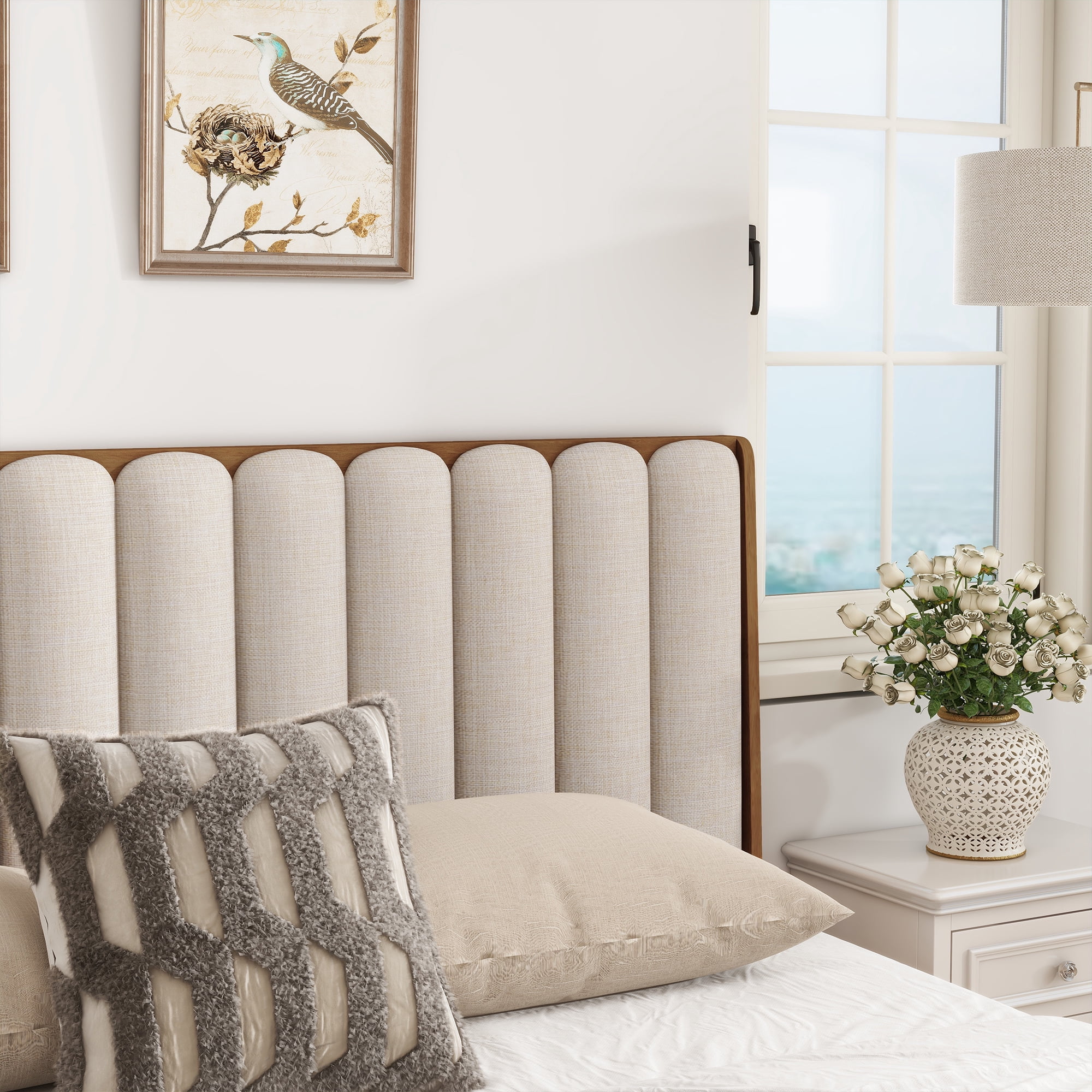 HOQBN King Size Wood Bed with Piano Key Style Upholstered Headboard , Wood Bed with Strengthened Bed Frame, Wheat