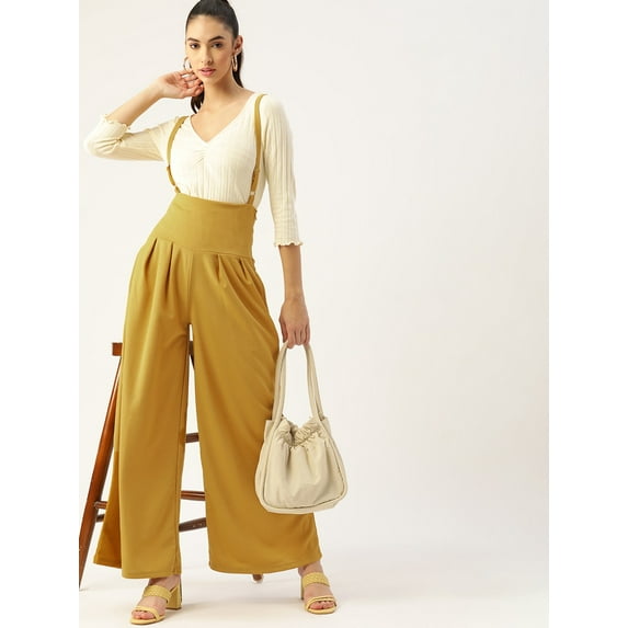 DressBerry - By Myntra Women Mustard Yellow High-Rise Pleated Self Design Polyester Ready to Wear Parallel Trousers with Suspenders