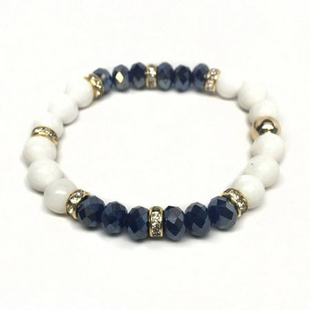 Julieta Jewelry White Jade and Blue Crystal Posh 14kt Gold over Sterling Silver Stretch Bracelet
