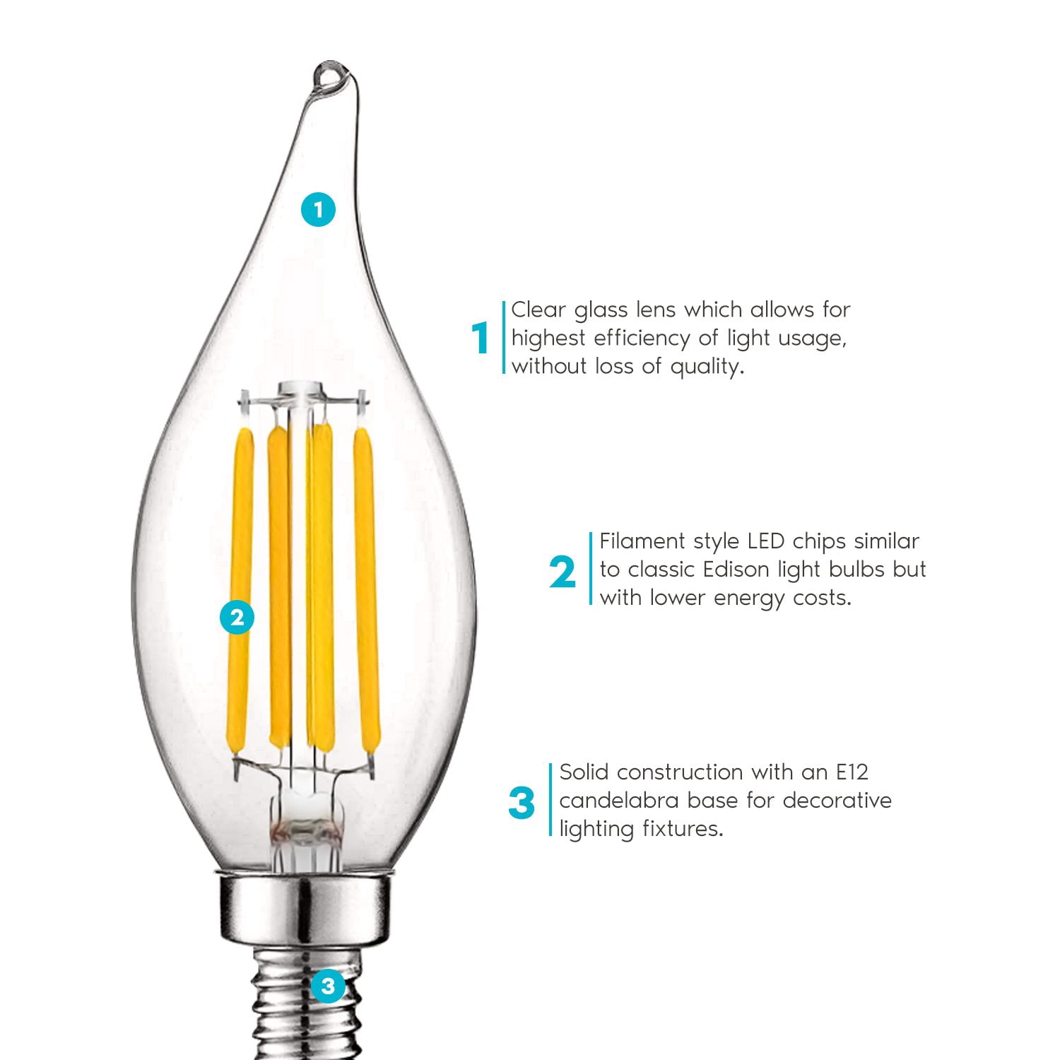 Luxrite 5W E12 Vintage Candelabra LED Dimmable Light Bulbs, 60W Equivalent 2700K Warm White, 550 Lumens, Flame Tip, 24-Pack