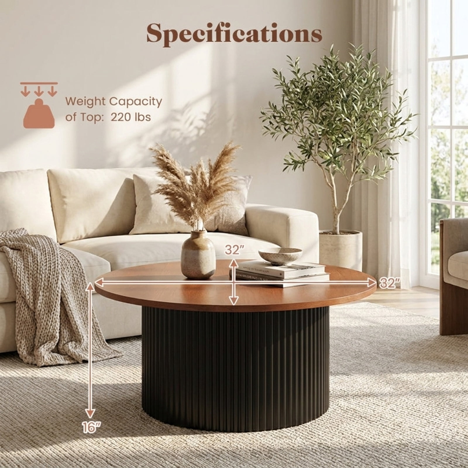 Furnibear Round Coffee Table with Solid Wood Frame and Wooden Top for Living Room and Reception Room 32 Inch Center Table, Walnut