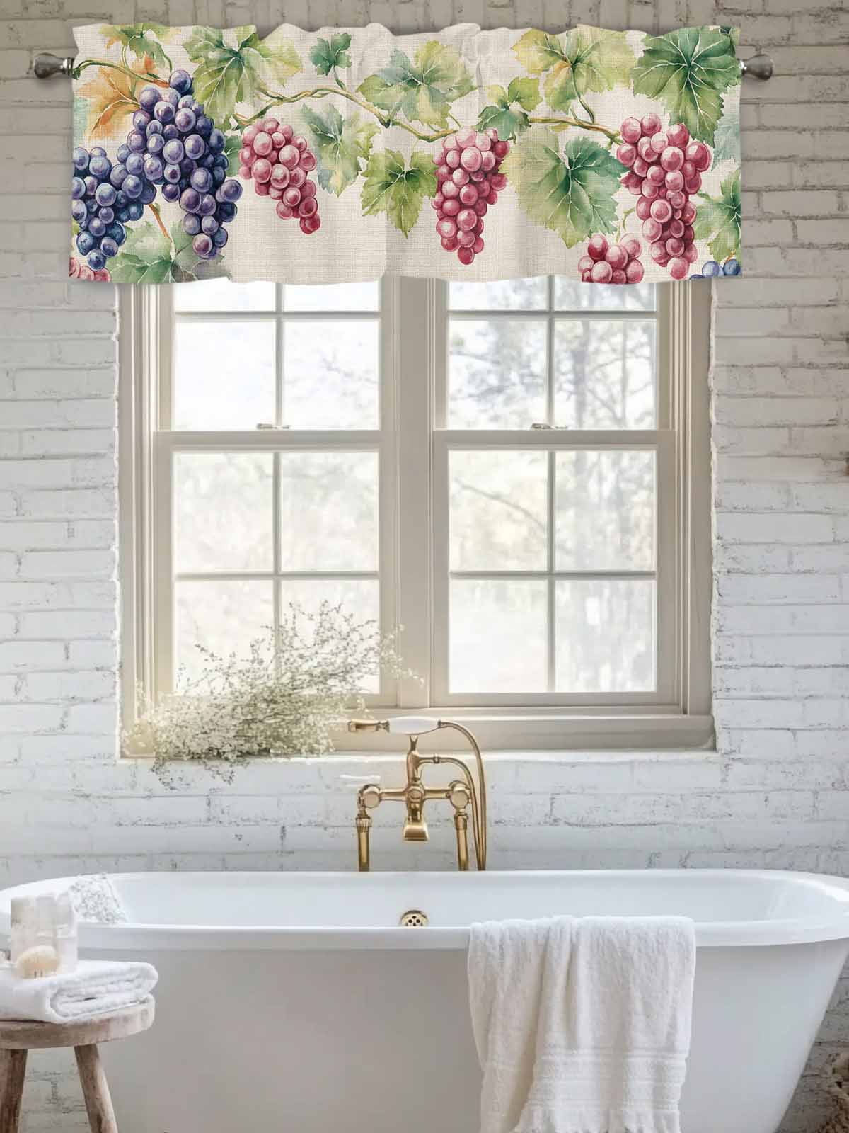 Spring Watercolor Grape Leaves Valances for Windows,Rod Pocket Valance for Kitchen Bedroom Bathroom Living Room, Country Vine Retro Linen Window Valance Curtain Short Curtains 60x18in