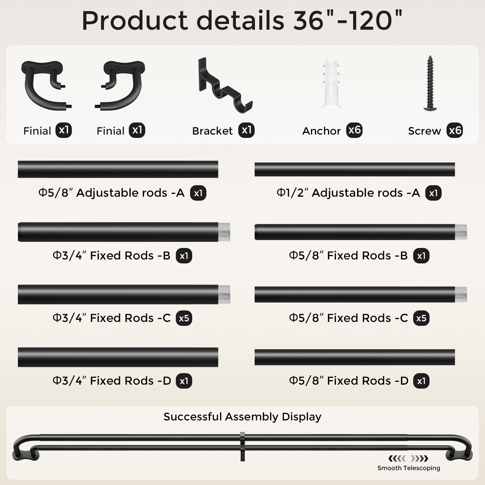 OLV Wrap Around Double Curtain Rods for Window,36-120 inch,Black