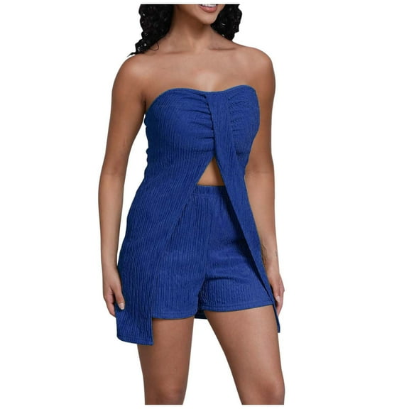 Oplxuo Women's Sexy 2 Piece Outfits 2025 Summer Split Front Strapless Bandeau Tube Top Matching Shorts Clubwear Sets