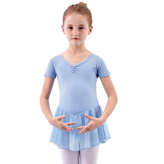GYRATEDREAM Girls Ballet Leotards Dress Toddler Baby V Neck Short Sleeve Dance Outfits with Skirt Kids Teen Workout Gym Clothes with Back Bow for 2-16 Years