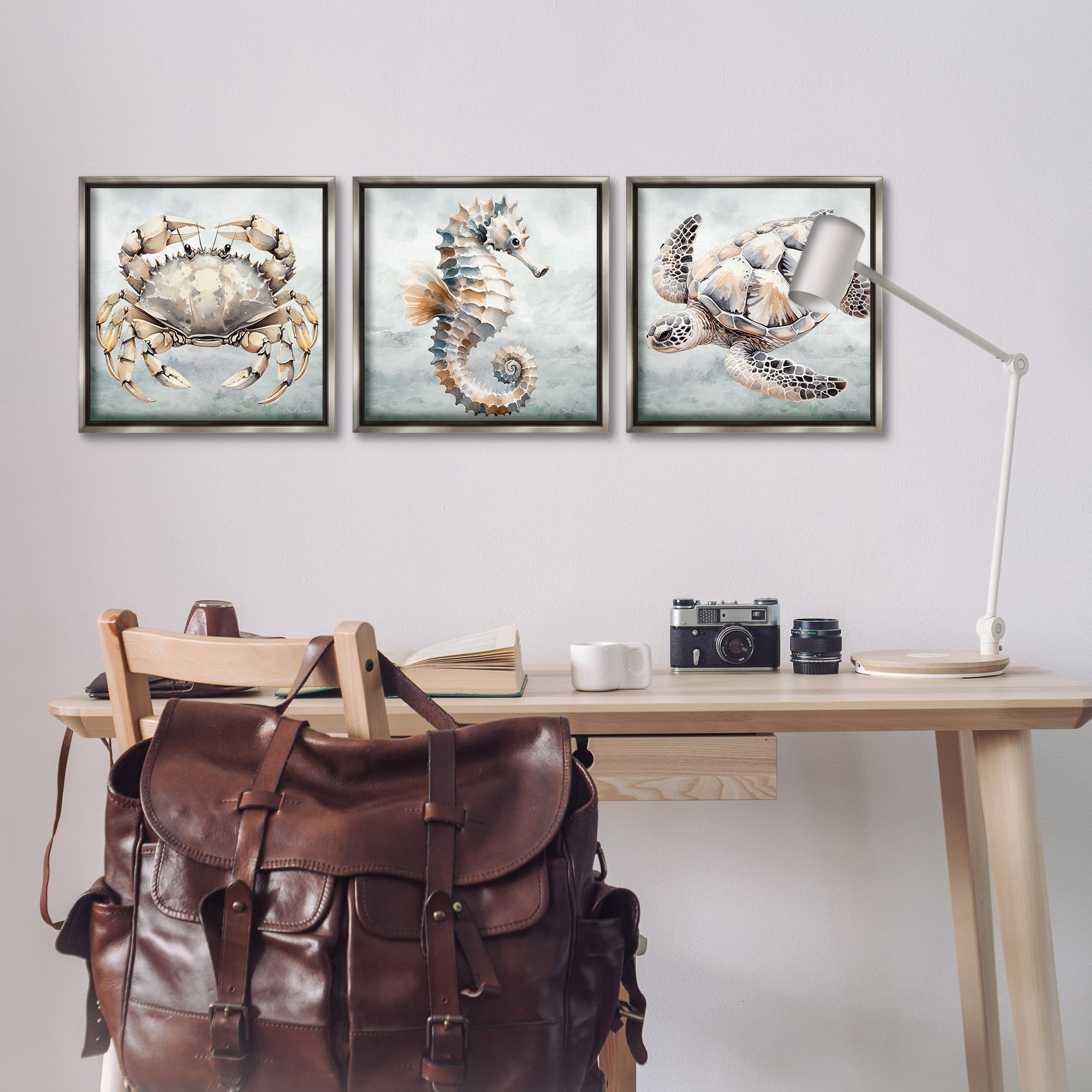 Stupell Industries Traditional Marine Life Animals & Insects Painting Gray Floater Framed Canvas Art Print Wall Art, 18 x 18, Set of 3