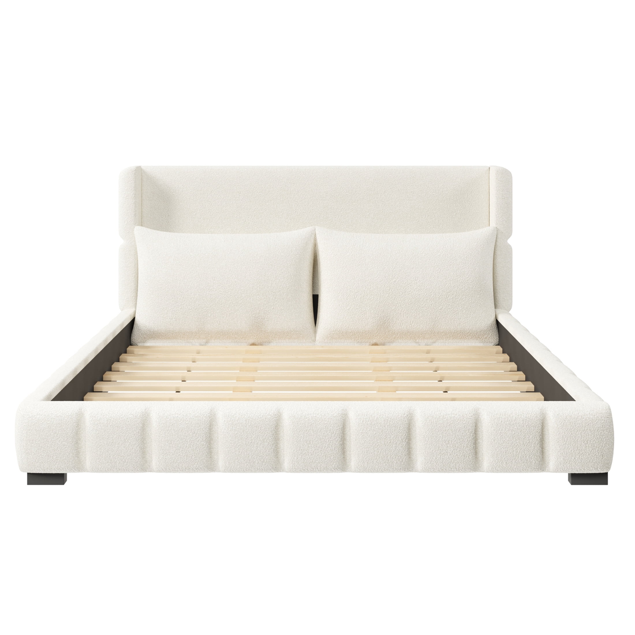 Noble House Rowena King Size Velvet Upholstered Platform Bed with Matching Pillows, Sturdy Wood Frame, White
