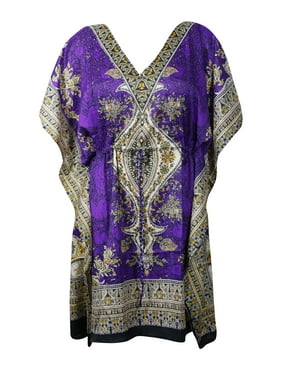 Mogul Women Purple Short Caftan Dress Floral Print Kimono Sleeves Beach Bikini Cover Up Dresses 3XL