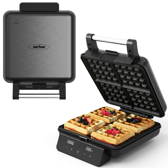 Sunvivi 4-Slice Belgian Waffle Maker, 1200W Waffle Iron with LCD Timer, Temp Control & Nonstick Plates, Stainless Steel, Black