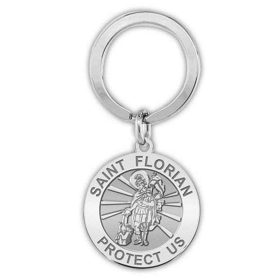 Saint Florian Religious Engravable Keychain - 1 1/4 Inch X 1 1/4 Inch Round - Sterling Silver