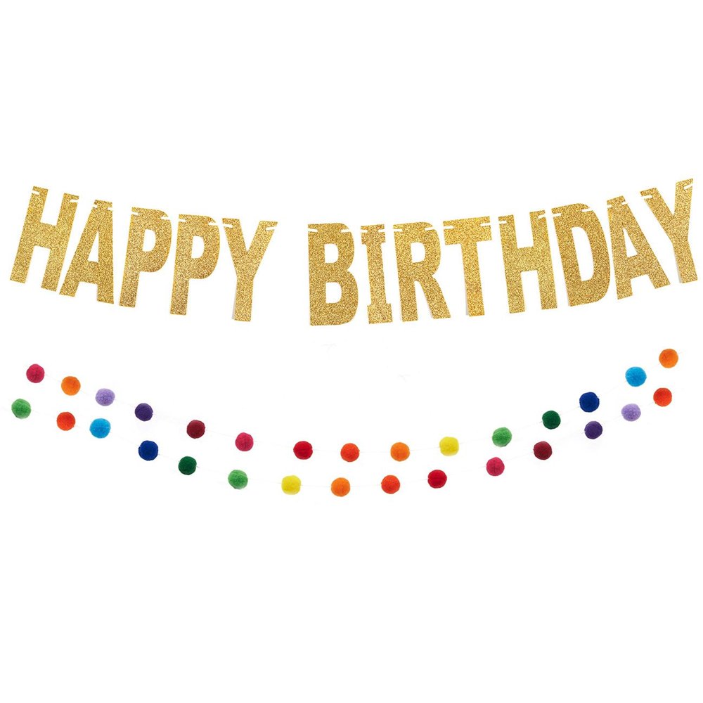 Happy Birthday Banner Set, Includes 1x Gold Glittery Banner and 1x