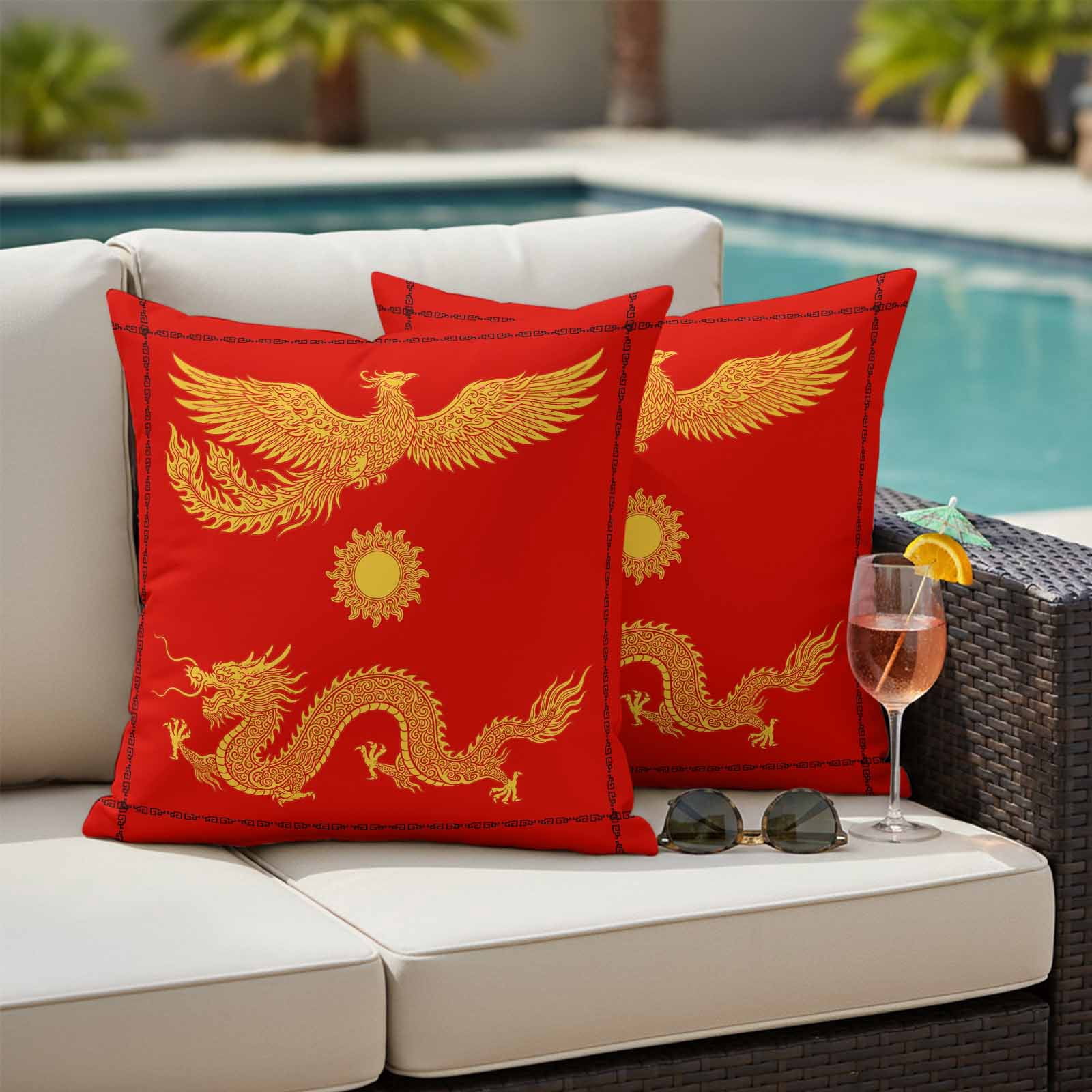 Chinese New Year Outdoor Waterproof Pillow Covers, Yellow Dragon Traditional Art Red Decorative Square Throw Pillowcase Sofa Cushion Sham for Patio/Couch/Chair, 18"x18" 2 Pack