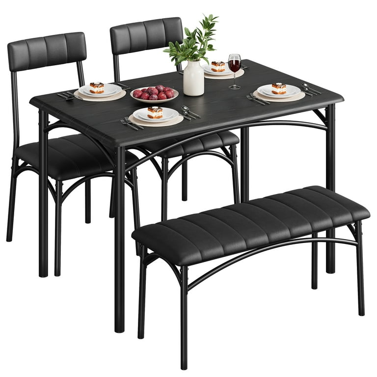4-Piece Dining Table Set With Bench & 2 Chairs - Small Space Kitchen Set, Gray Industrial Style