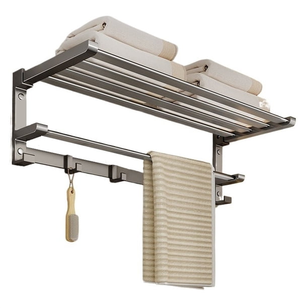Toallero de baño de acero inoxidable con barra y ganchos, plegable for pared.