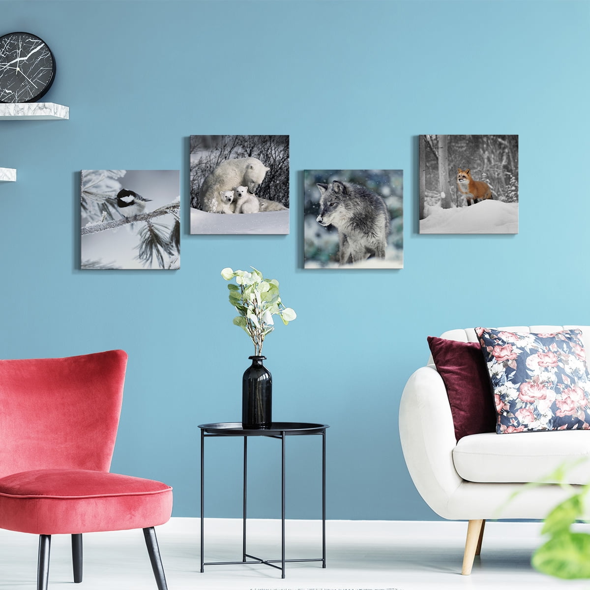 Wexford Home Wildlife Animal Wall Art 24 x 24 inches Each, Fox Wolf Polar Bear Chickadee Picture Prints Set of 4 Decoration for Cabin Motel Home Wall Decor
