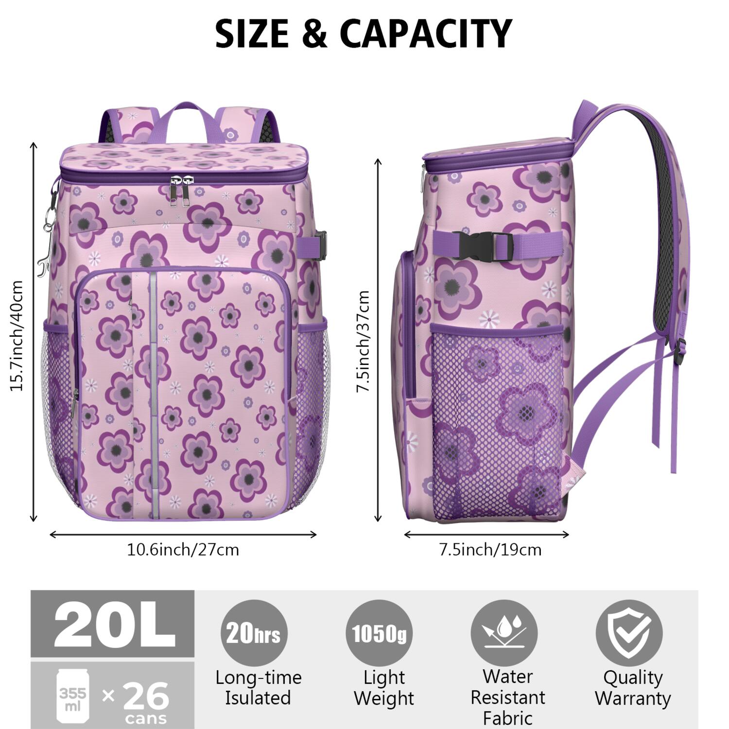 Travel Cooler Bag - Pioneer Flower Floral Print Pattern Camping Beer Cooler Backpack with Bottle Opener- Waterproof Insulated Picnic Backpacks - Cooler Bag for Beach