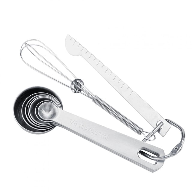 Juego de 7 cucharas medidoras de acero inoxidable con varilla medidora y batidor.