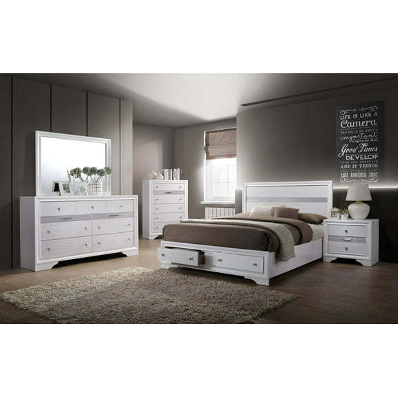 White Contemporary Queen Size Bed Panel Headboard Nightstand w Jewelry Tray 3pc Set Silver Accent Solid Wood Bedroom Furniture