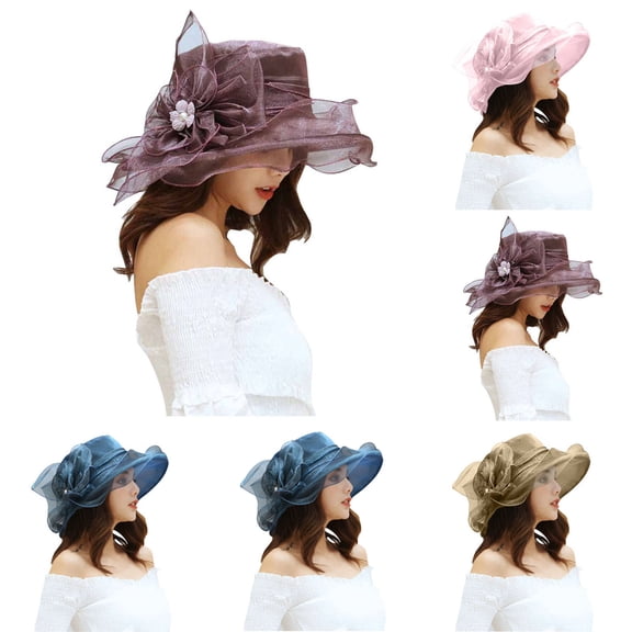 CAIXIA Derby Hats for Women Large Flower Tea Party Hats for Women Elegant Church Hat Adjustable Wide Brim Fascinator Hat Flower Bridal Shower Hat
