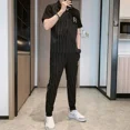 thumbnail image 4 of Conjunto de camiseta y pantalones a rayas para hombre, ropa deportiva, trajes deportivos, camiseta con alfabeto, ropa blanca para hombre, conjunto de 2 piezas, chándal, básico y genial, 4 of 5