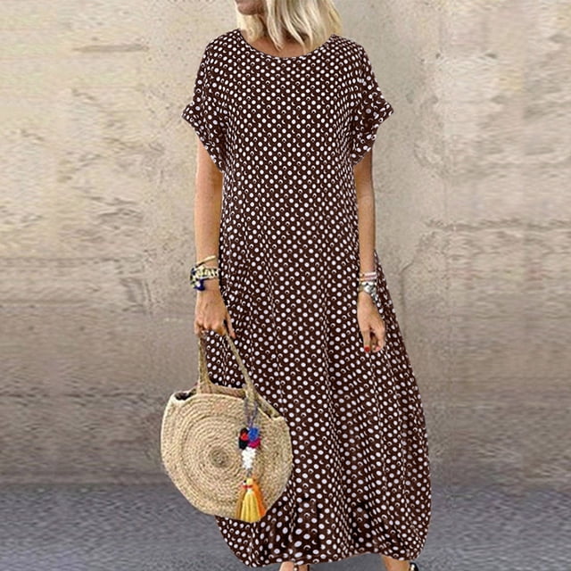 Weiqiqre Robes pour Femmes Grande Taille Solde de Feu Femmes Grande Taille Poches Col Rond Imprimé à Pois Manches Courtes Robe Longue Décontractée