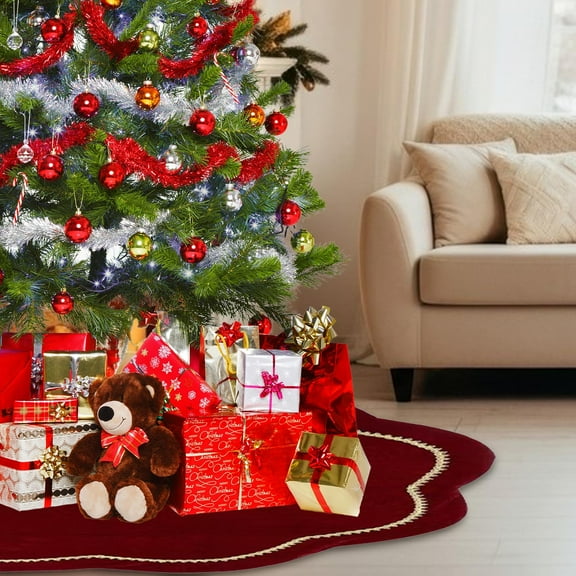 Taicans Red Ruffle Velvet Christmas Tree Skirt,Christmas Tree Skirt 35.4 Inch Green Velvet Fur Scallop Tree Skirt Sparking Gold Lace Trim for Party Rustic Xmas Holiday Decorations All Year