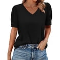 thumbnail image 5 of Xijirk Women's V-Neck Short Sleeve Blouse Puffed Sleeve T-Shirt with Button Casual Top for Everyday Wear,L, 5 of 7