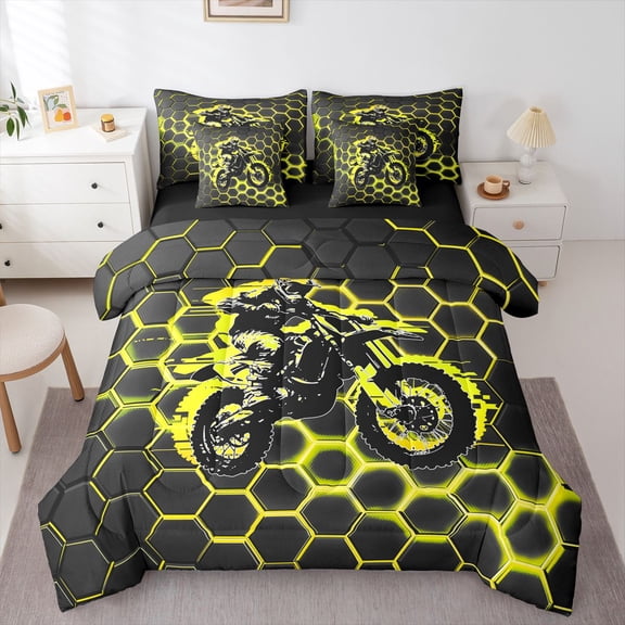Manfei Motocross Rider 7-Piece Twin Bedding,Abstract Sport Art Bedding Comforter Set,Yellow,Black Reversible