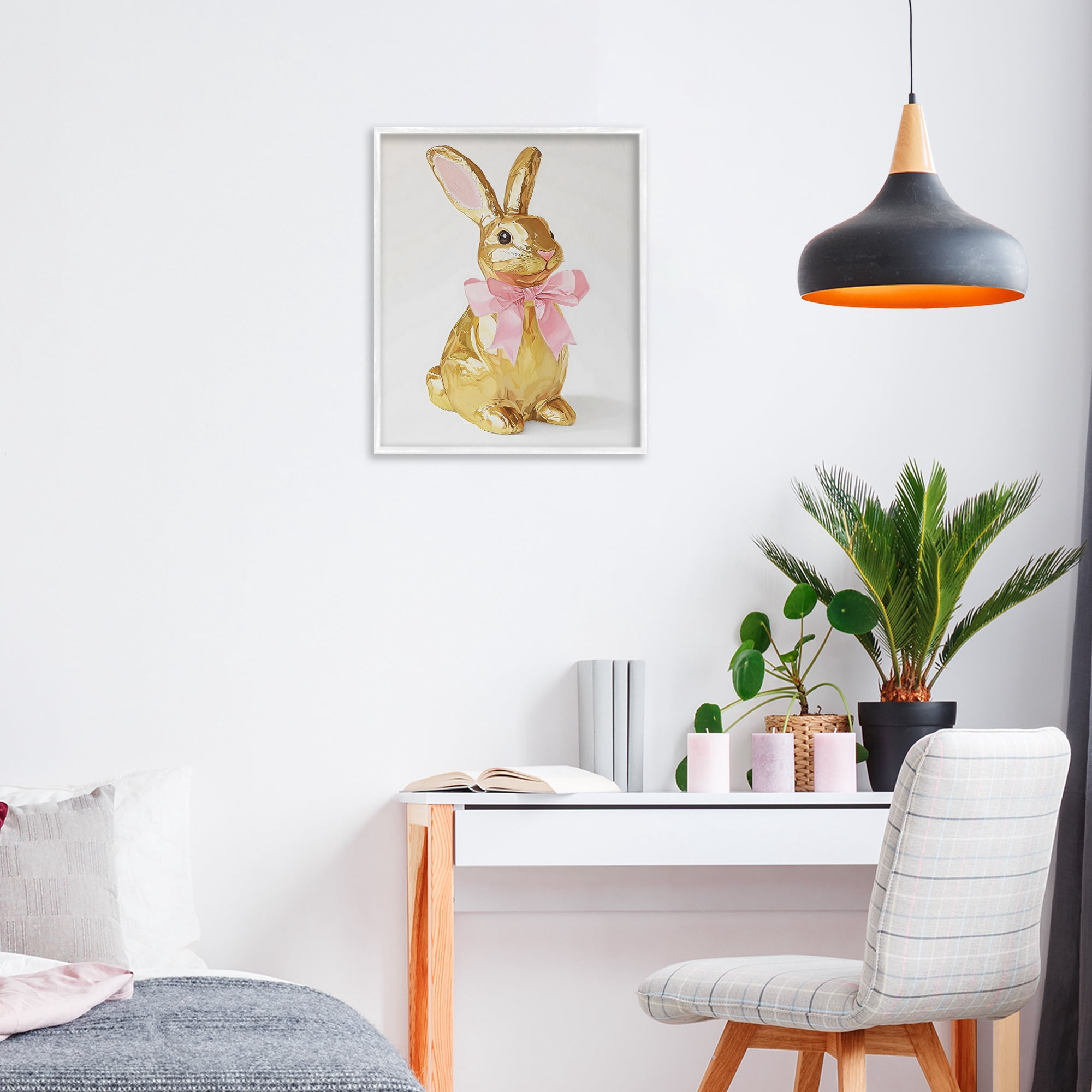 Stupell Industries Golden Easter Bunny with Ribbon White Framed Giclee Art, design by The Prints Vibe