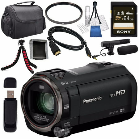 Panasonic HC-V770 Full HD Camcorder + Sony 64GB SDXC Card + 49mm UV Filter + Flexible Tripod + Carrying Case + Memory Card Wallet + Card Reader + Mini HDMI Cable + Condenser Mic