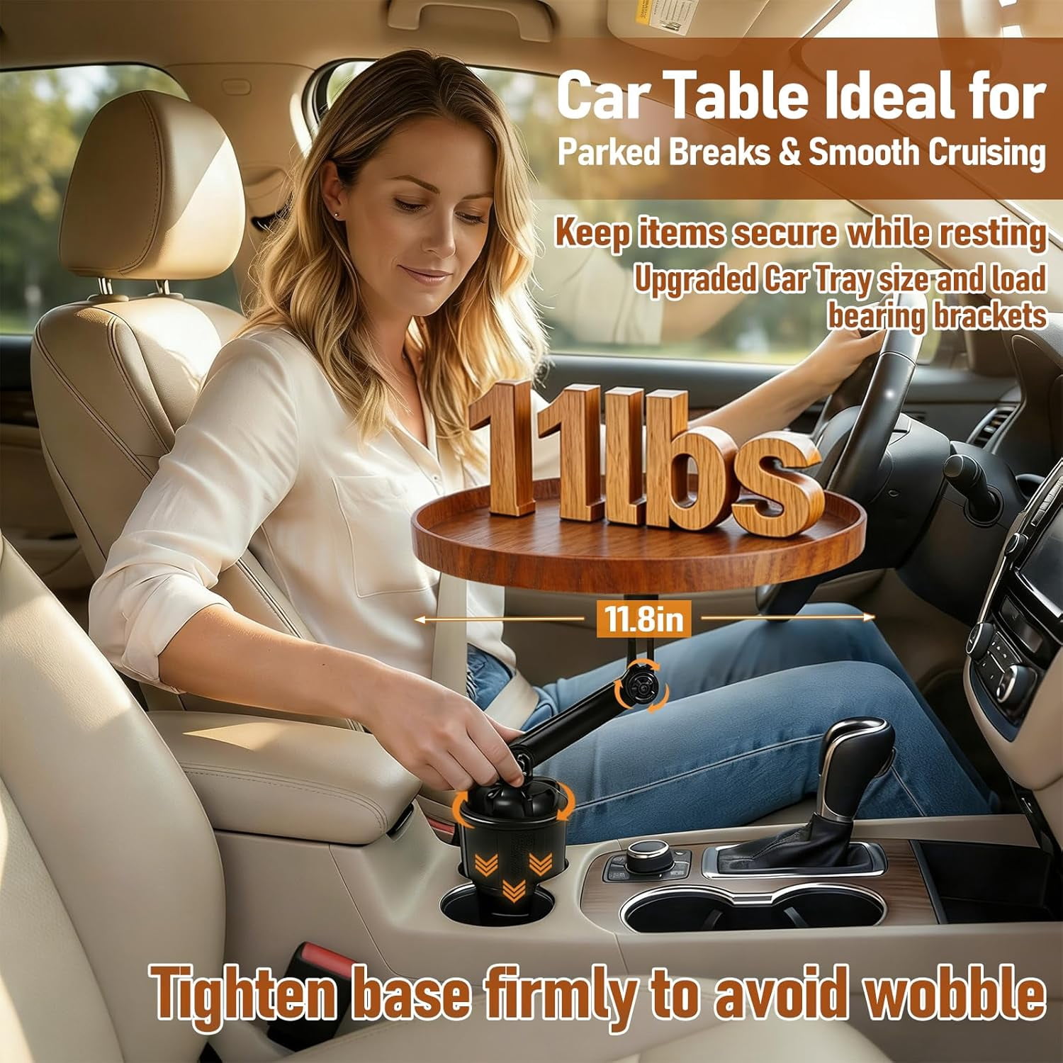 Car Food Cup Holder Tray - 360° Rotating Car Table and Car Seat Tray, Detachable Wooden Car Desk for Laptop and Food Tray, Compatible with Tesla Model Y/3/S, Ford F150/Explorer (Brown, 11.8")