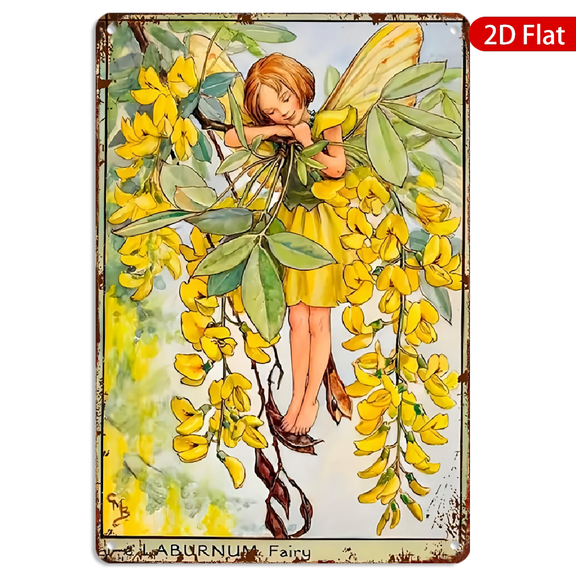 8x12 Inch Metal Wall Art, Sleeping Laburnum Fairy Vintage Illustration with Yellow Blossoms and Leaves, Rustic Rectangular Decor for Bedroom or Nursery, 1pc