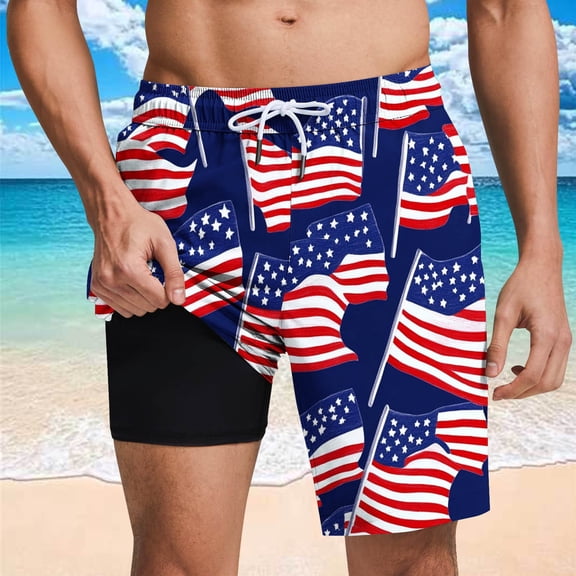 Goodtrade8 Mens Summer Swim Trunks Liner 2 in 1 4th of July Swimwear Board Shorts Vacation Pockets Independence Day Hombre Shorts for Men American Flag,Size: L