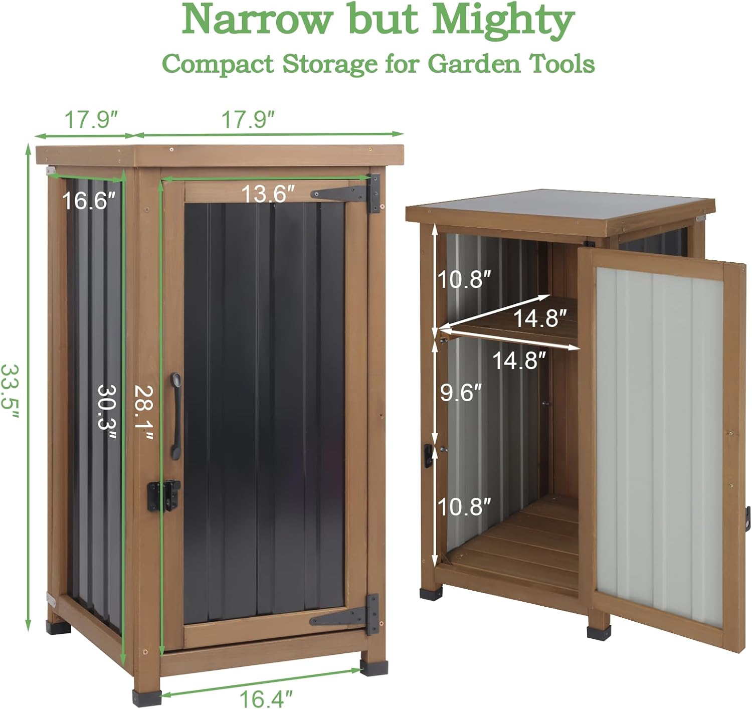 Outdoor Storage Cabinet Waterproof with Metal Top, Wooden Table Tool Organizer with Adjustable Shelf for Patio Backyard Garden