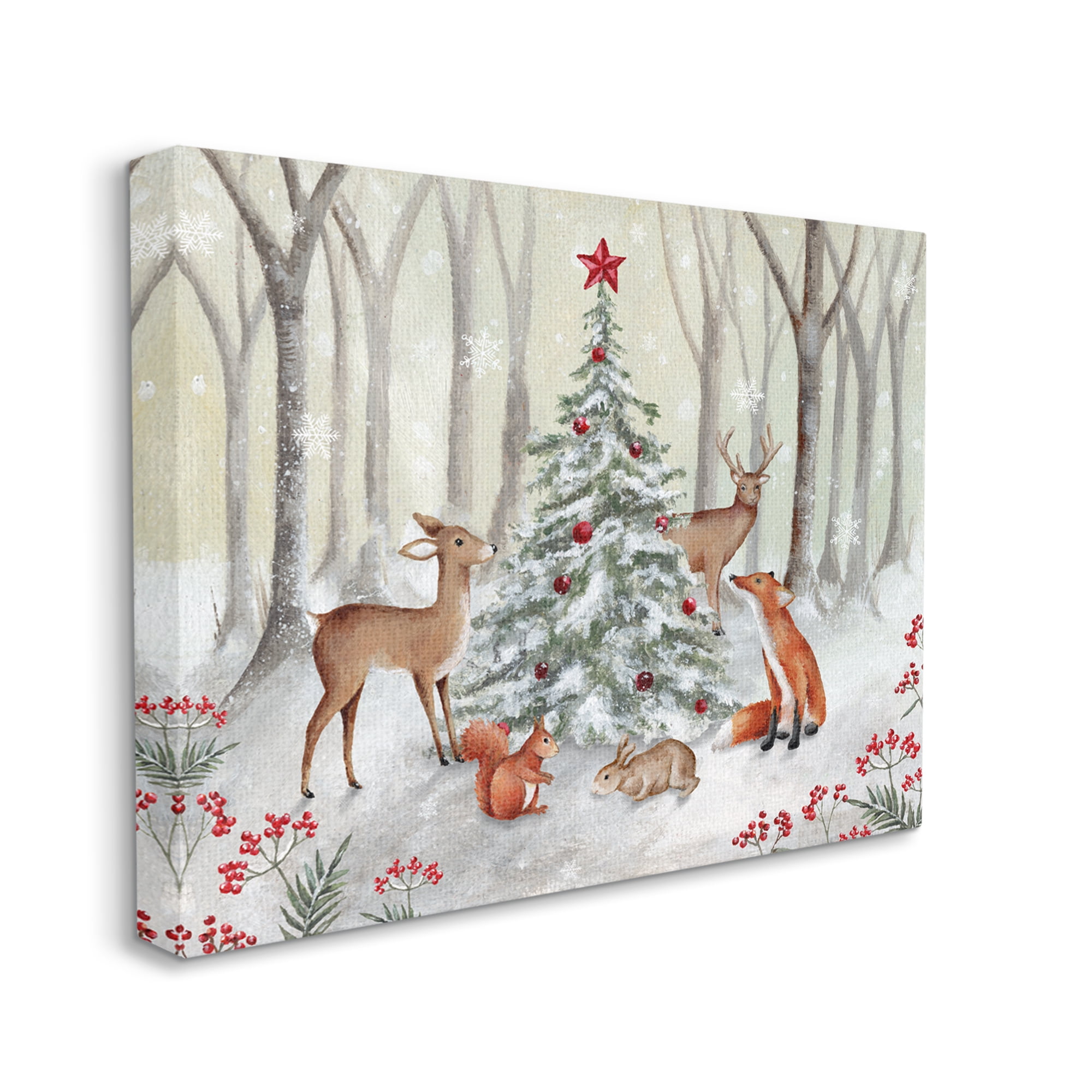 Stupell Industries Forest Animals & Christmas Tree Holiday Painting Gallery Wrapped Canvas Art Print Wall Art, 20 x 16