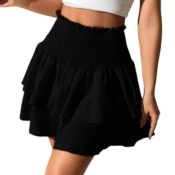 Fgnfyis Women's Summer Short Skirts High Waist Ruffle Hem Skirt Casual Mini Skirts Solid Color Versatile Skirts for Women Basic Black XL