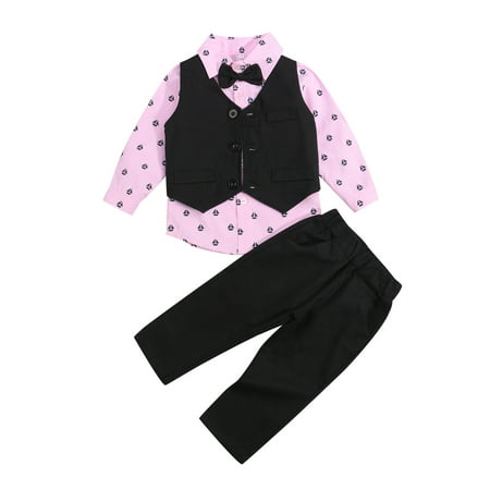 

Genuiskids 3Pcs Toddler Baby Boy Formal Suits Single-Breasted Waistcoat Vest + Sailboat Print Long Sleeves Bow Tie Shirt Tops + Suit Trousers Wedding Party School Stage Performance Sets