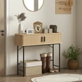 thumbnail image 2 of HOMCOM Table Console Étroite avec Portes Coulissantes à Tambour à Lattes, Chêne, 2 of 10