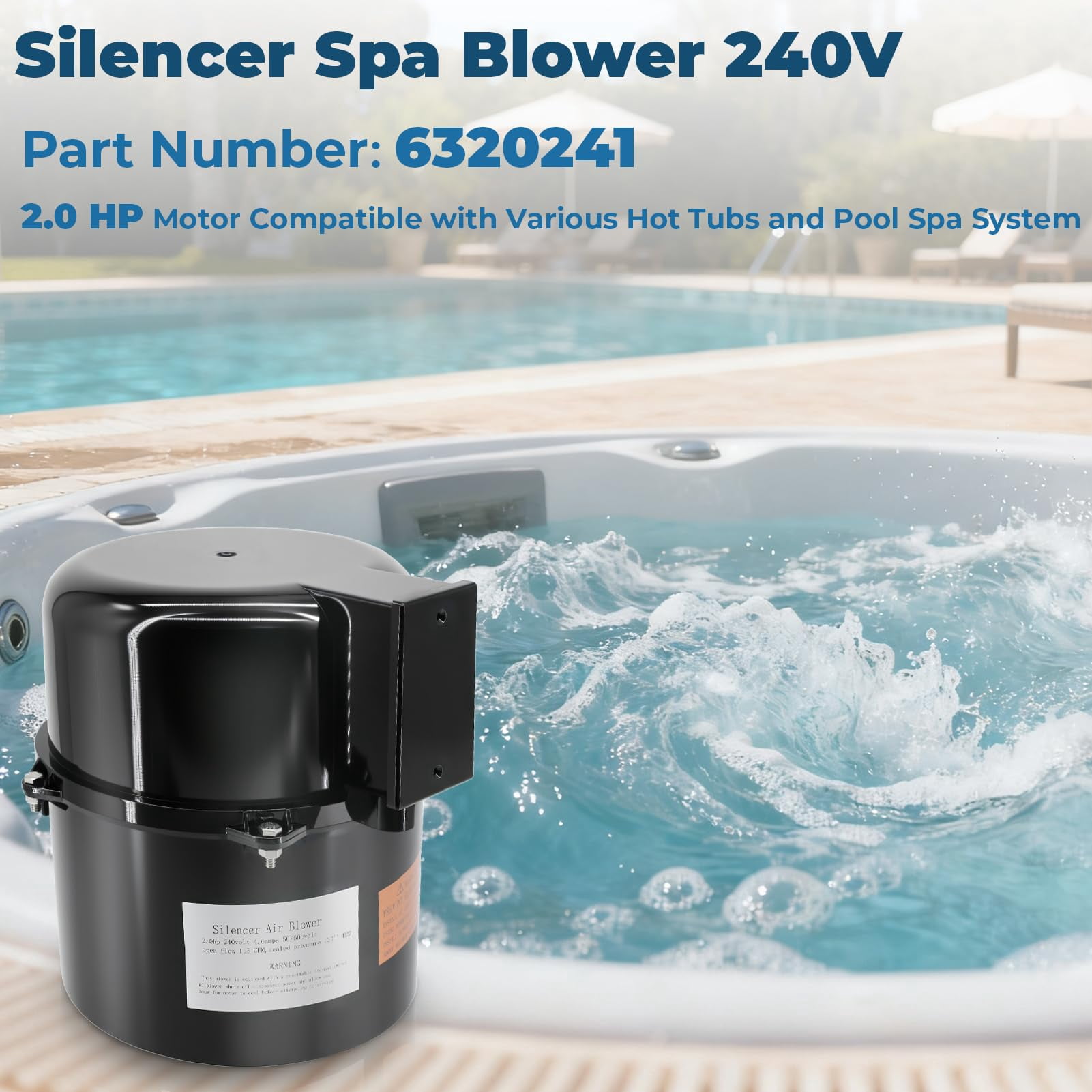 6320241 Silencer Spa Blower 2 HP 240 Volt 4.6 Amps Replacement for Air Supply, for use with 2 inch Plumbing, Quiet and Shock-Absorbing, Easy Installation, for Pool Hot Tub & Spa