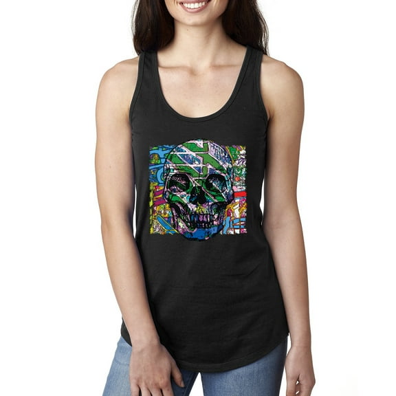 Wild Bobby, Colorful Abstract Skull Face Streetwear Ladies Racerback Tank Top, Black, Small