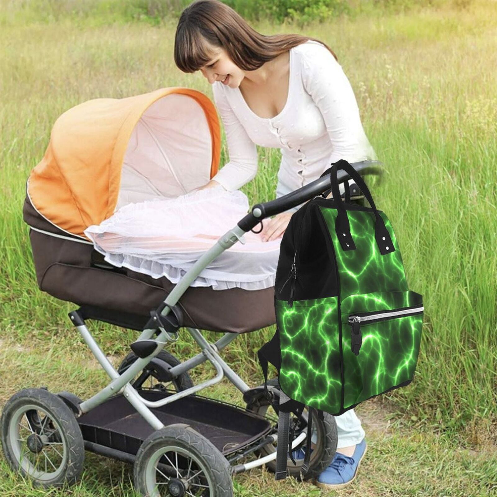 Ratiio Green Lightning Mummy Backpack - Waterproof Twill Canvas, Large Capacity Diaper Bag with Multiple Pockets and Adjustable Straps