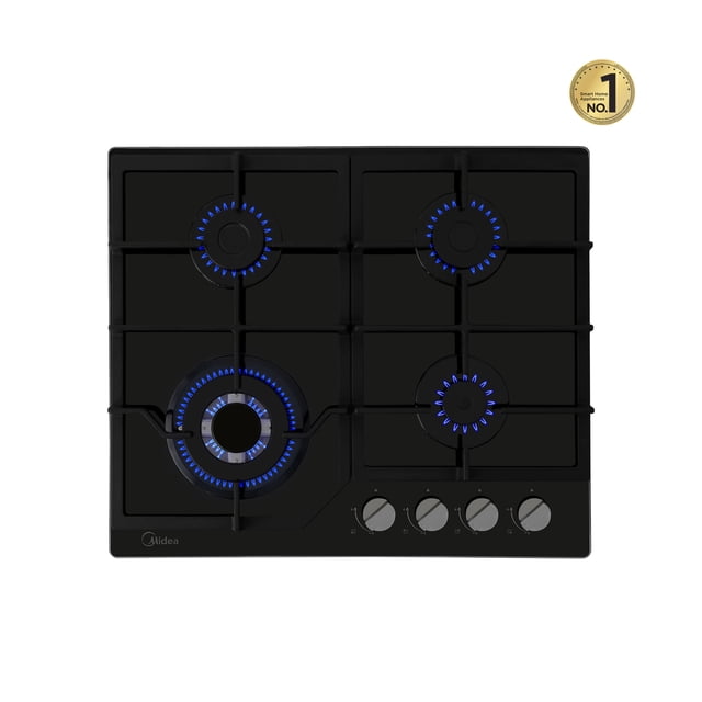 parrilla empotrable a gas 24 midea cristal templado vista cenital frontal, placa negra con cubierta de vidrio templado, cuatro quemadores con quemador Triple Flama encendido inferior izquierdo mostrando triple anillo azul, parrillas continuas de hierro fundido negras, panel frontal de acero con cuatro perillas a la derecha y logotipo Midea en la esquina inferior izquierda; adecuada para cocina empotrada y cocción uniforme.