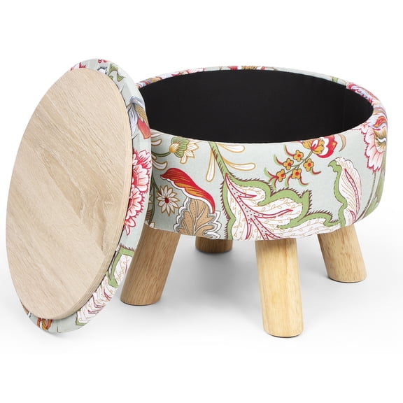 Floral Print Storage Ottoman Stool - Multifunctional Round Footrest with Wooden Lid, Compact Storage for Living Room/Bedroom, Easy Assembly (12.7"×10.6")