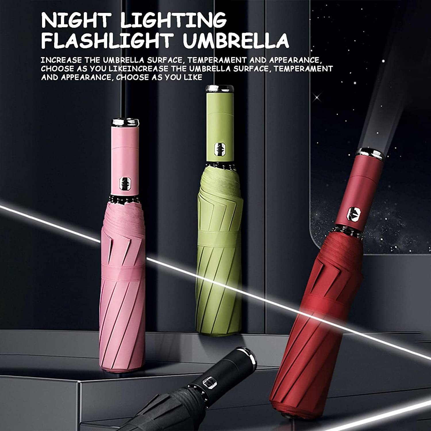 Automatic folding umbrella with LED flashlight handle, lightweight for travel, 10 ribs, portable for kids and adults in sun or rain (Black)