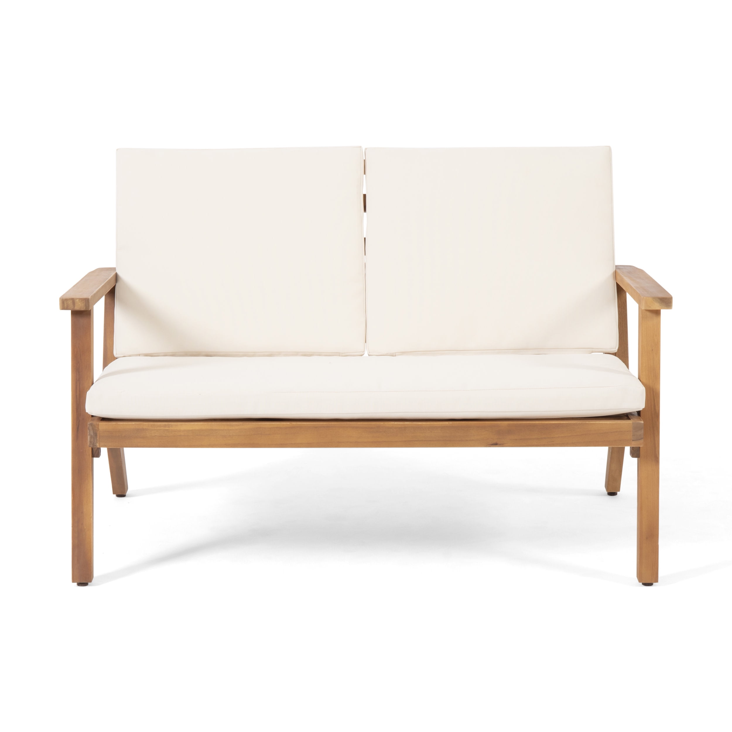 Sasha Acacia Wood Outdoor Loveseat and Coffee Table Set with Cushions, Brown Patina, Cream