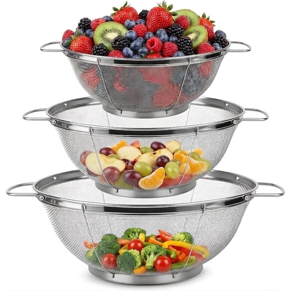 Stainless Steel Colander Set, Mesh Colander and Strainer Set, Large Stainless Strainer Metal Colander with Handles for Kitchen Washing and Straining, 3 Pack