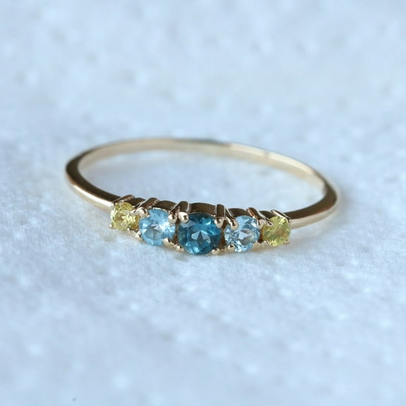 London Blue Topaz & Topaz 5 Stone Ring, 925 Sterling Silver Ring, Stackable Band Ring, Handmade Fine Ring Jewelry Gift For Her