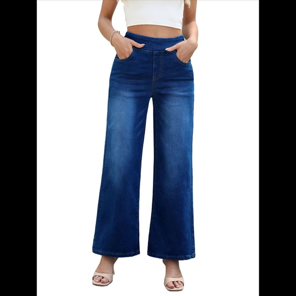 Pantalones Vaqueros Anchos de Talla Grande para Mujer, Cintura Alta, Adelgazantes, con Múltiples Bolsillos, Rectos, Holgados e Informales. Azul Oscuro M
