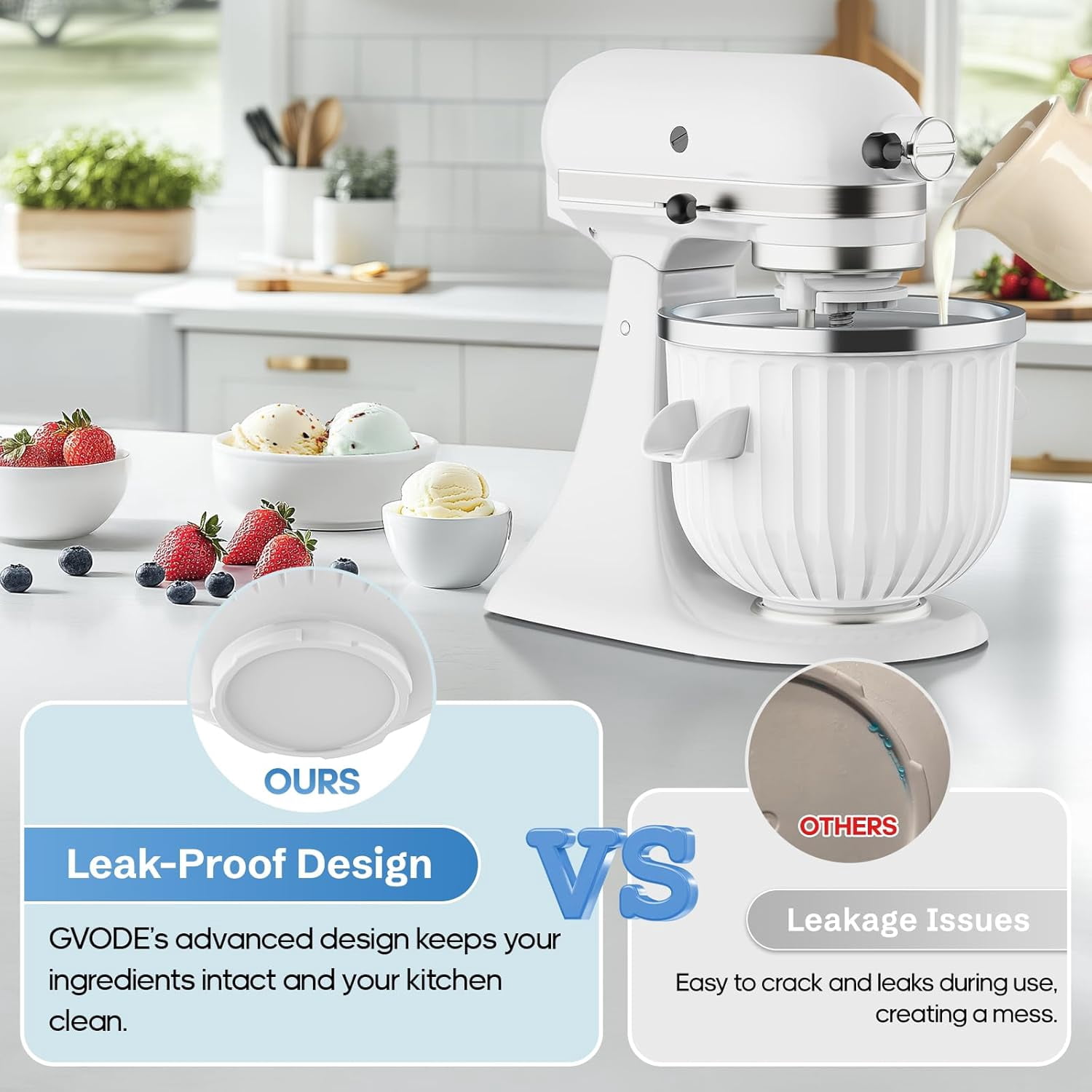 Ice Cream Maker Attachment for KitchenAid - Upgraded Leak-Proof Design, 2 Quart Bowl Compatible with 4.5QT to 7QT Models,Homemade Sorbet Gelato,Yogurt & Ice Cream attachment for Kitchen aid